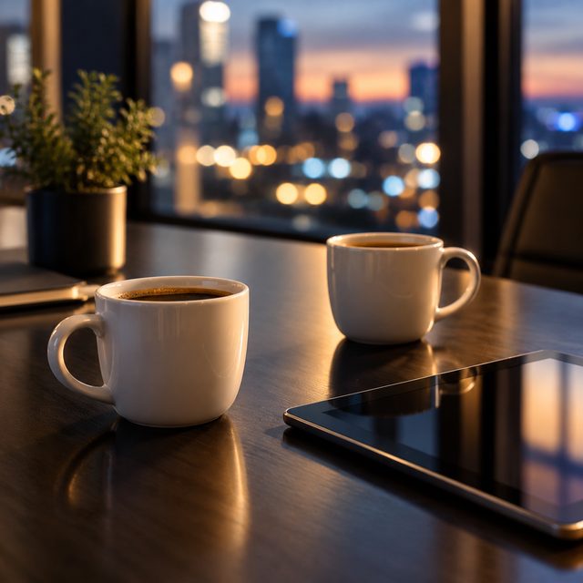 Coffee cups and a tablet set out for a client discussion