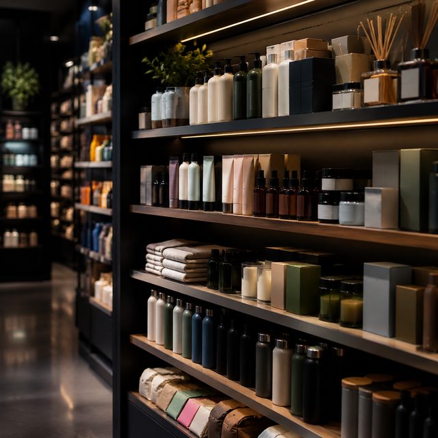 Store shelves with assorted products during category research