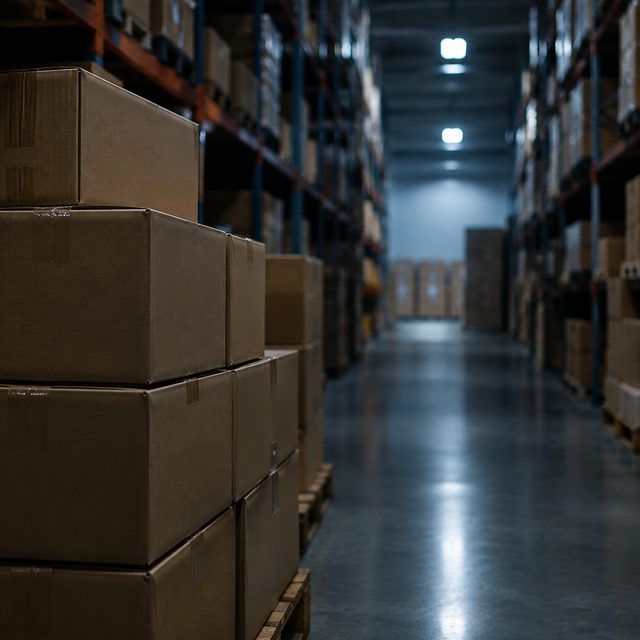 Warehouse aisle with boxed stock during supplier research