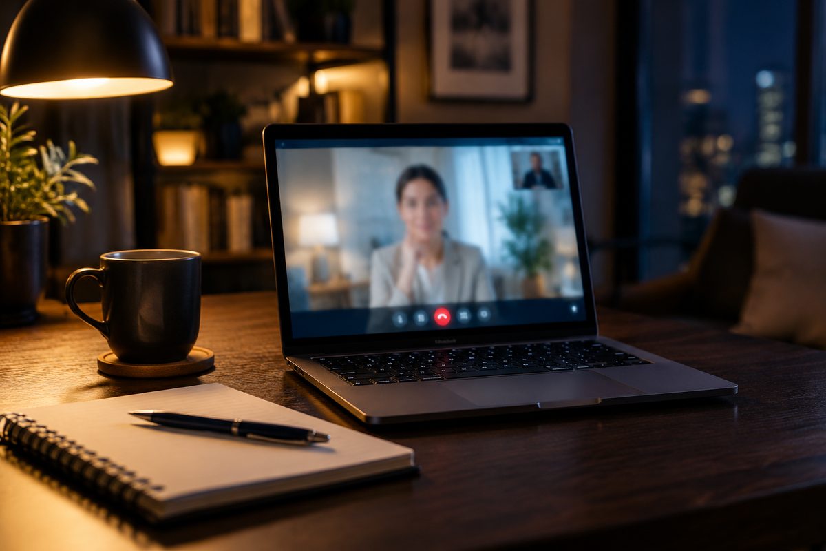 Remote consultation in progress on a laptop, with notebook and coffee on the desk